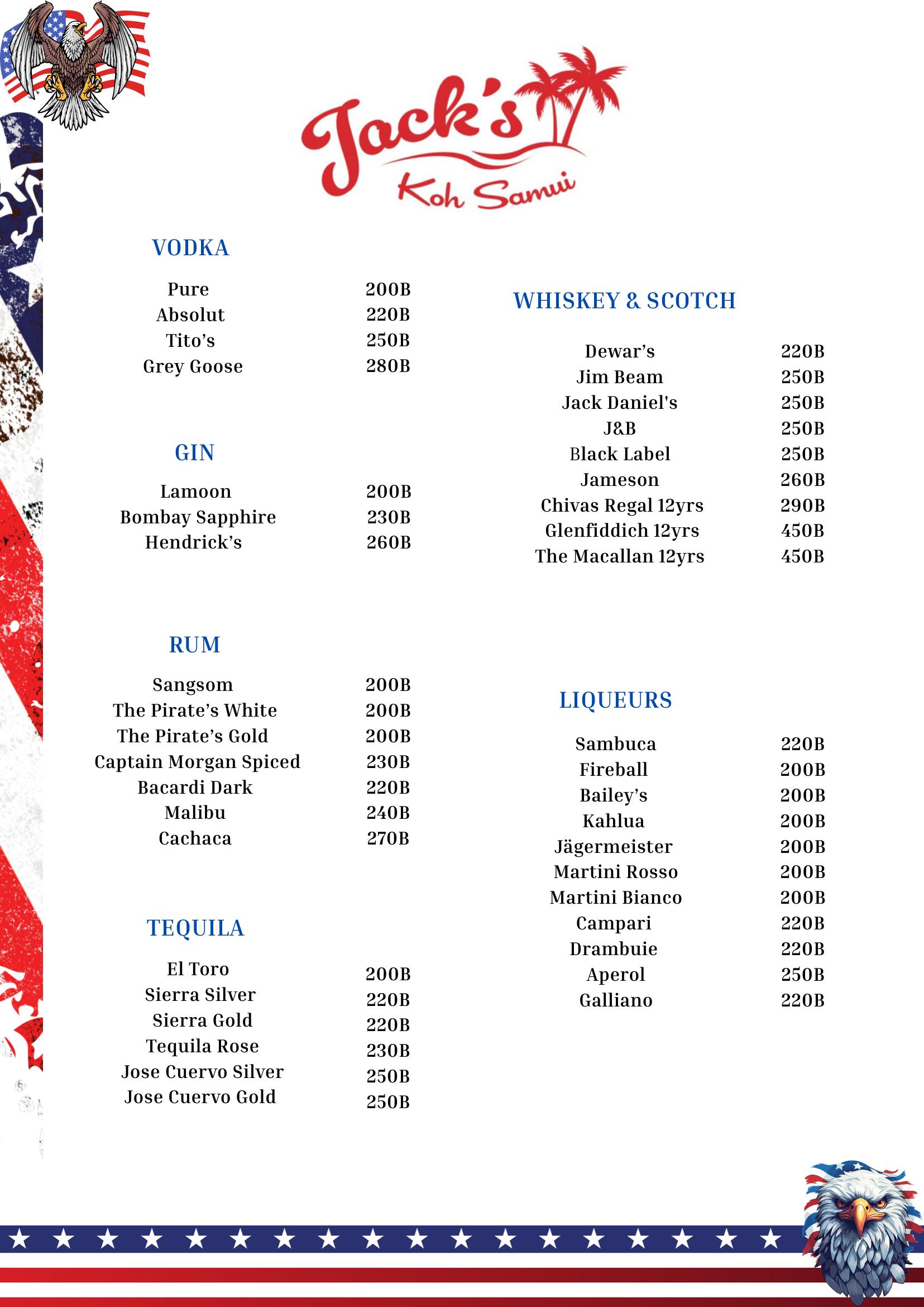 Jack's Drinks Menu — vodka, gin, rum, tequila, whiskey, liqueurs