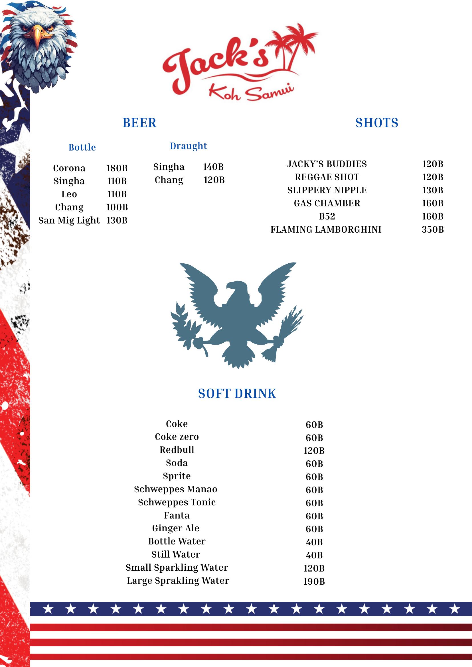 Jack's Beer, Shots, and Soft Drinks Menu
