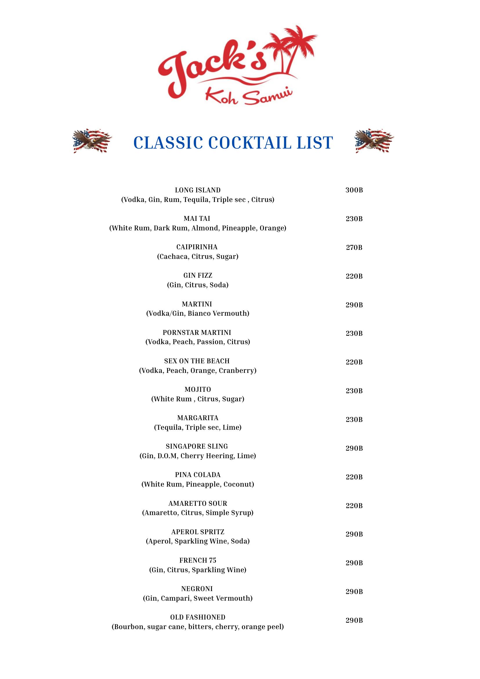 Jack's Classic Cocktail List — Long Island, Mai Tai, Mojito, Margarita, Negroni
