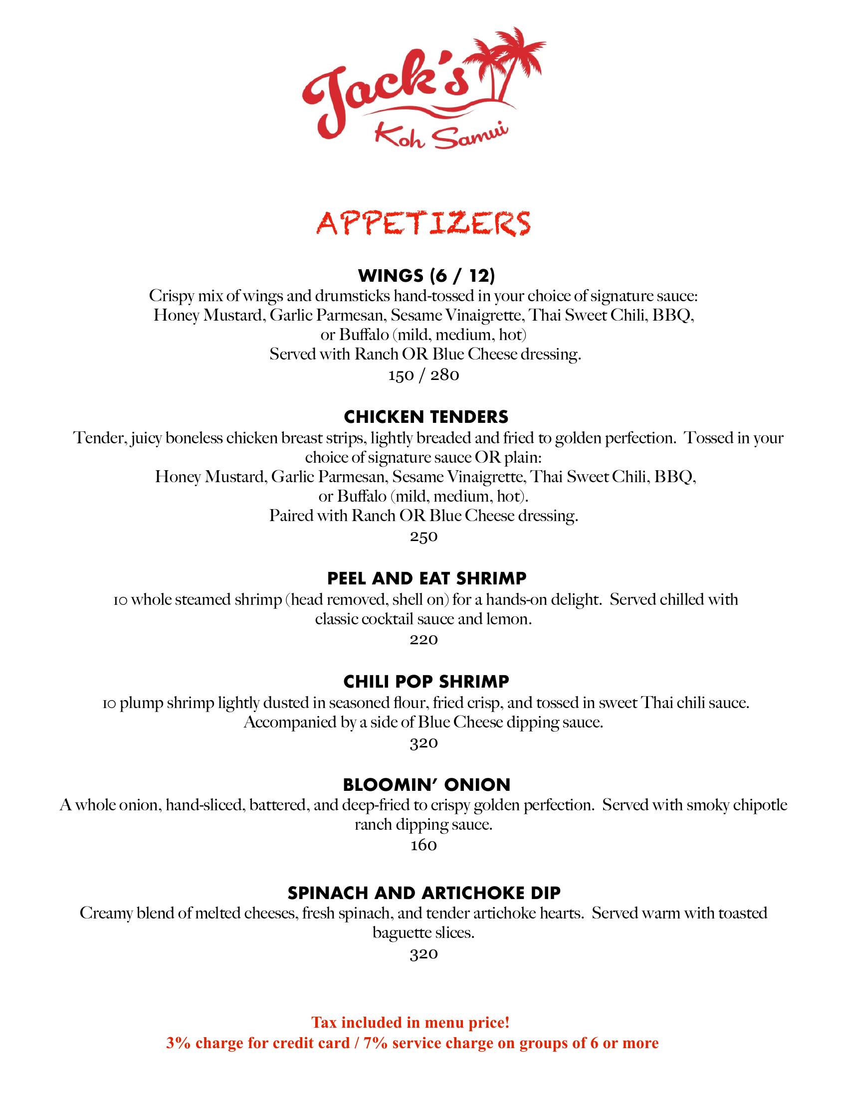 Jack's Appetizers Menu — wings, chicken tenders, shrimp, bloomin onion
