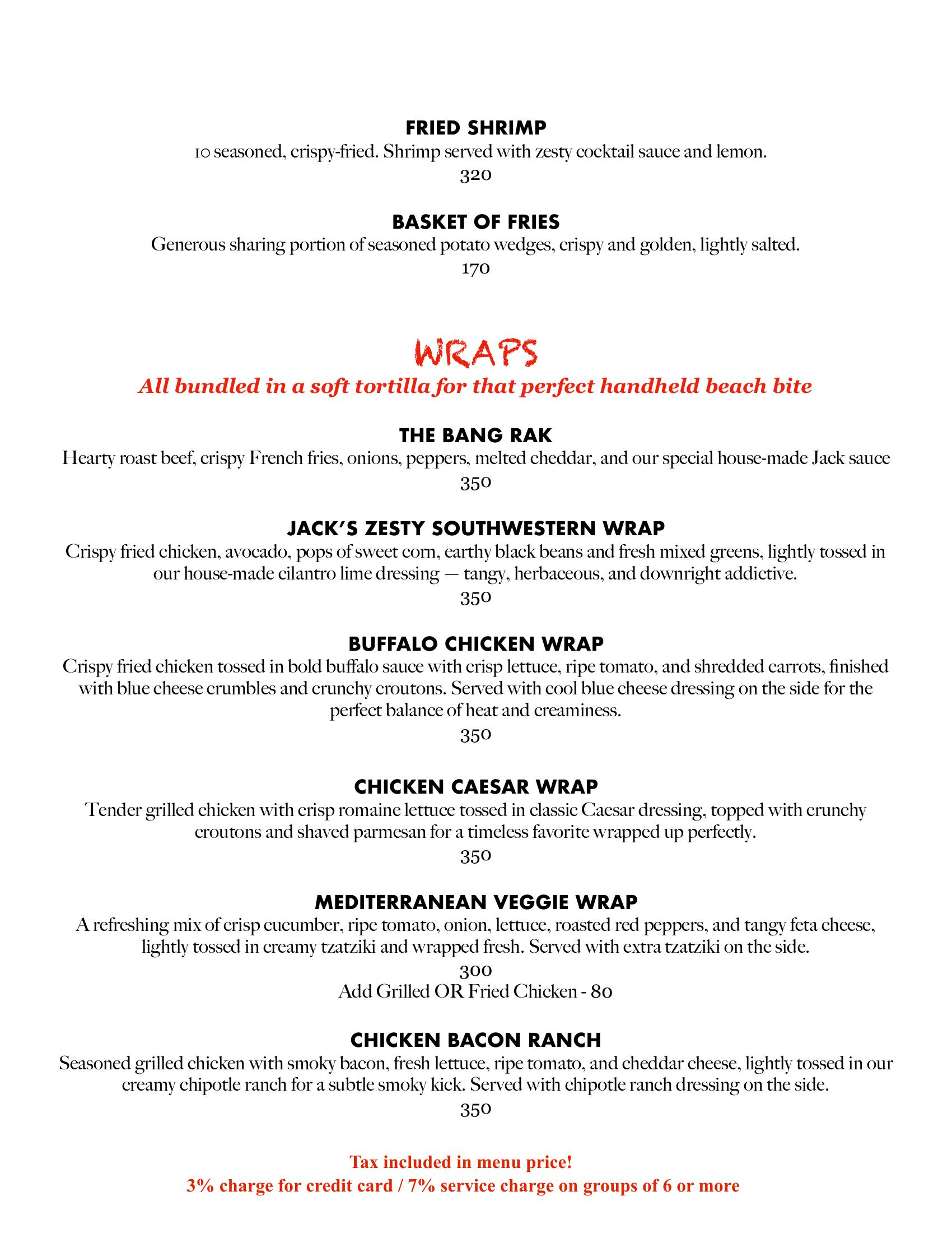 Jack's Wraps Menu — Bang Rak wrap, buffalo chicken, Caesar, Mediterranean