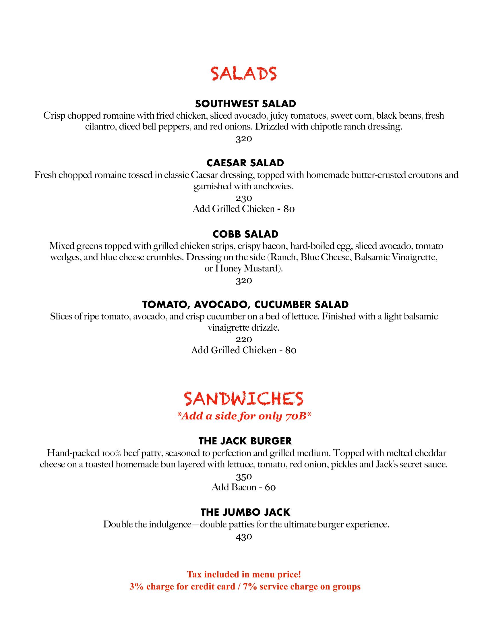 Jack's Salads and Burgers — southwest salad, Caesar, Jack Burger, Jumbo Jack