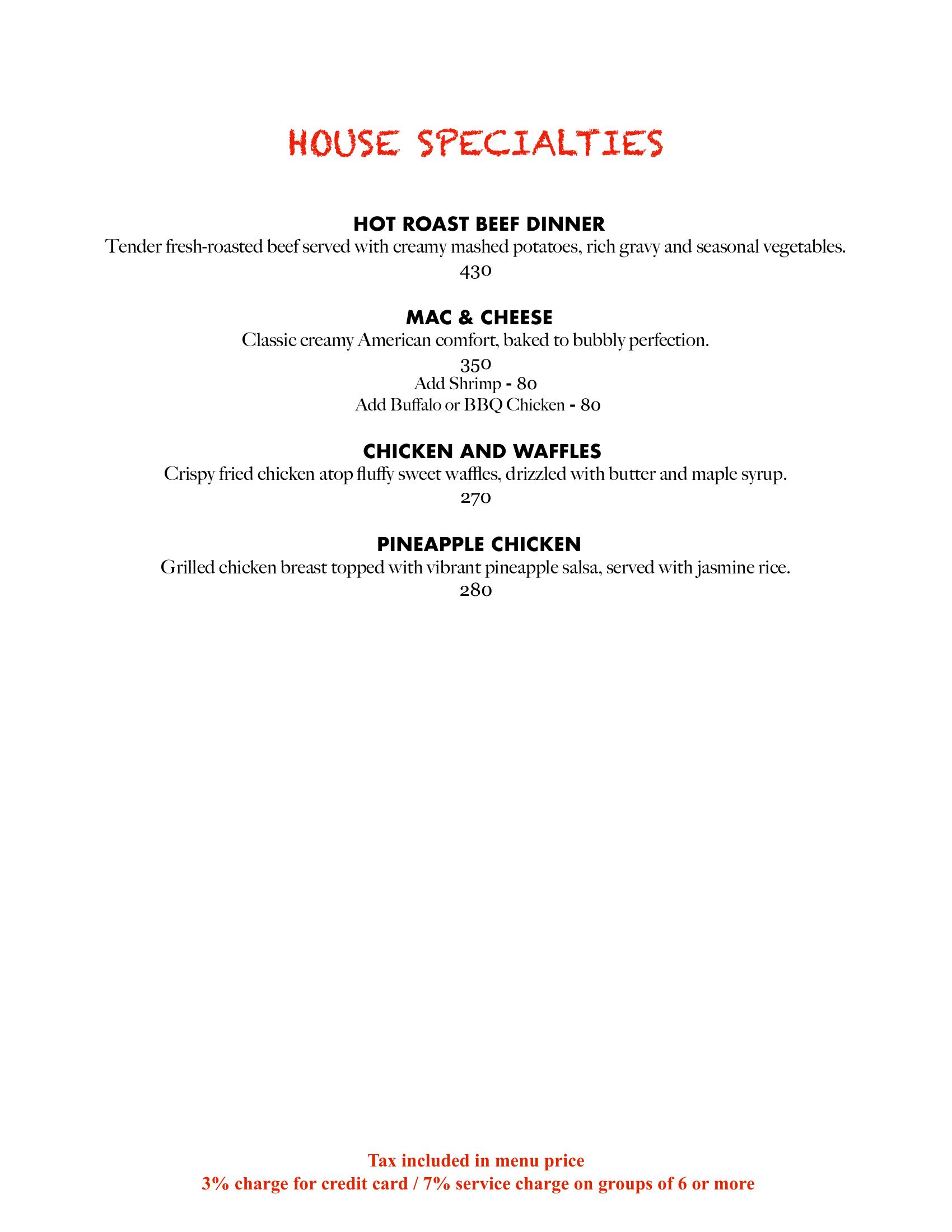 Jack's House Specialties — roast beef dinner, mac and cheese, chicken waffles